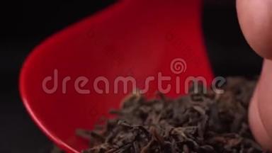 黑茶或绿茶用红色塑料勺子收集在黑桌上。 把茶放在一个